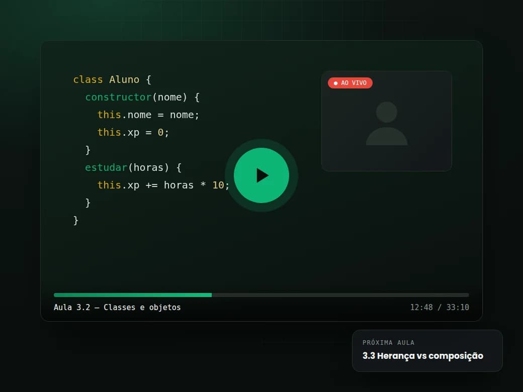 Ilustração de aula gravada de programação com player de vídeo e código