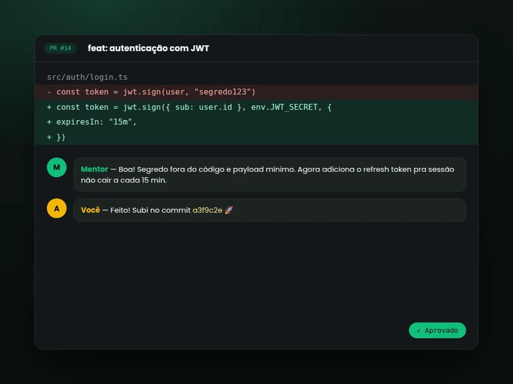 Ilustração de code review com comentários do mentor em um pull request