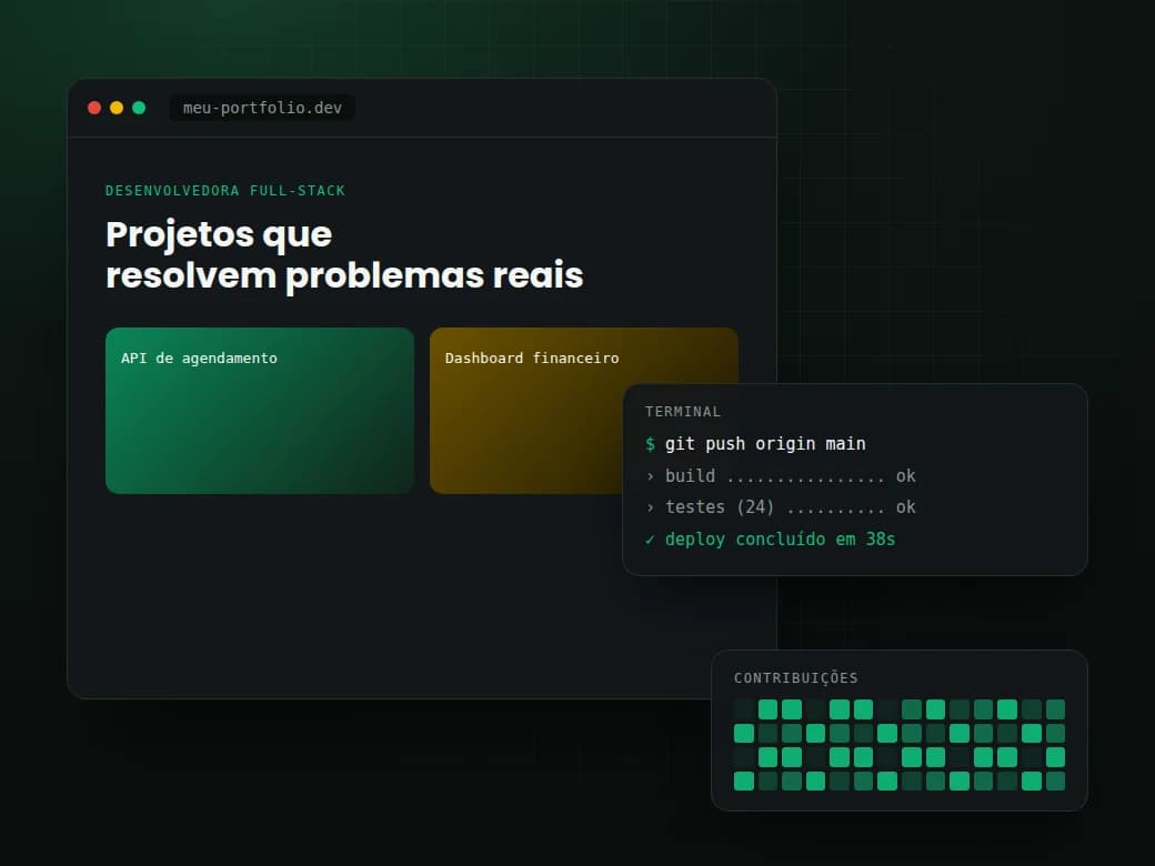Ilustração de portfólio publicado com deploy e histórico de contribuições